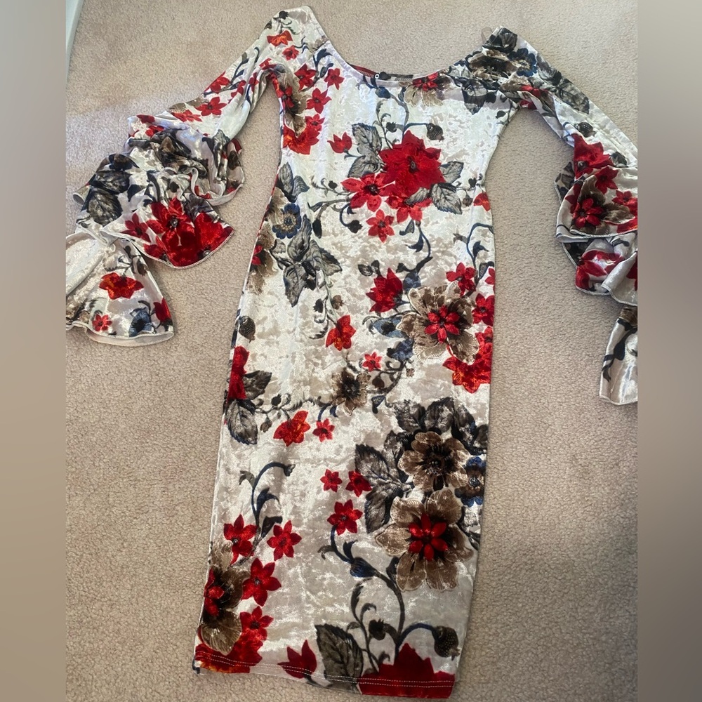 Floral Velvet Dress with 3- tier Ruffled Sleeves